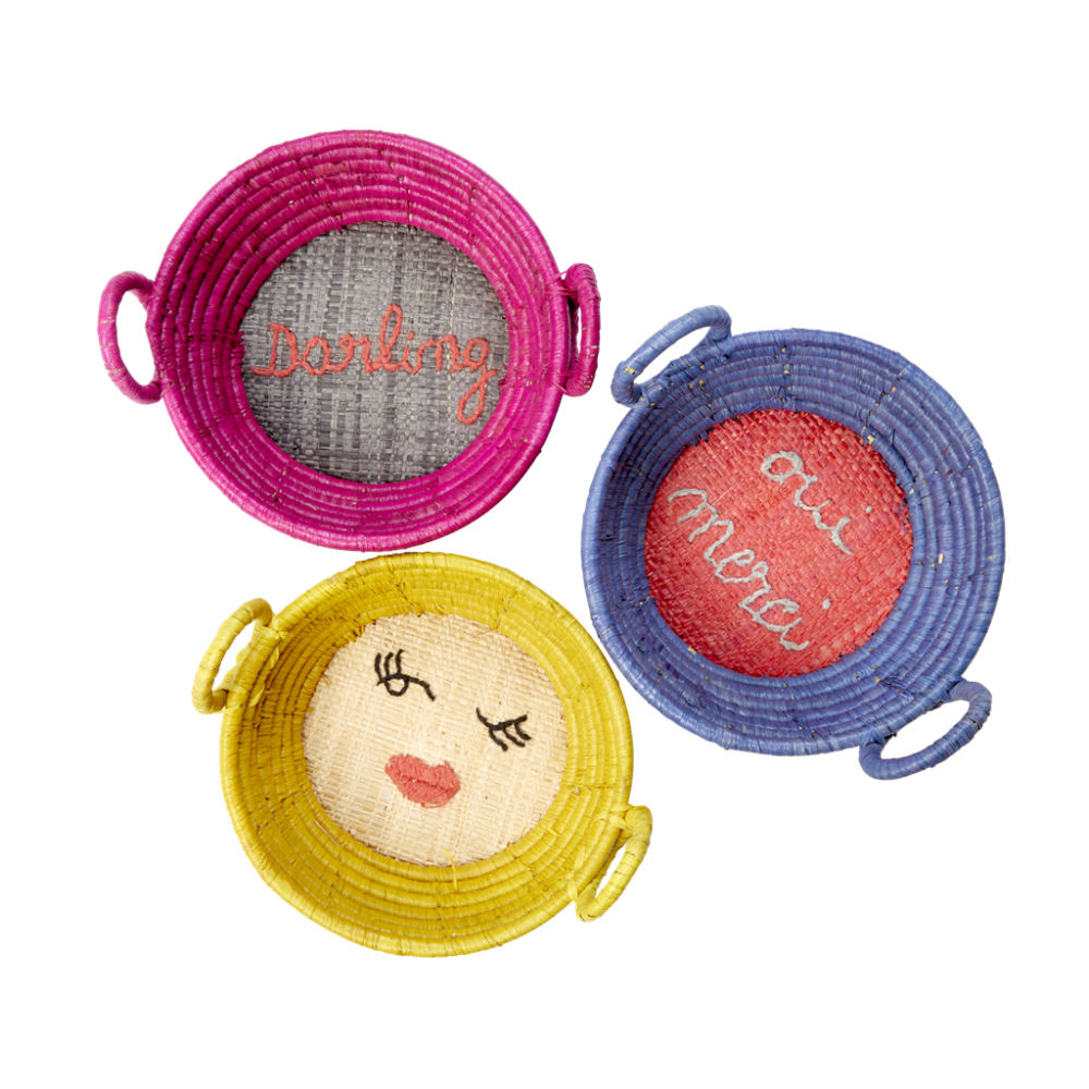 Mini Round Raffia Basket Embroidered Words  Rice DK